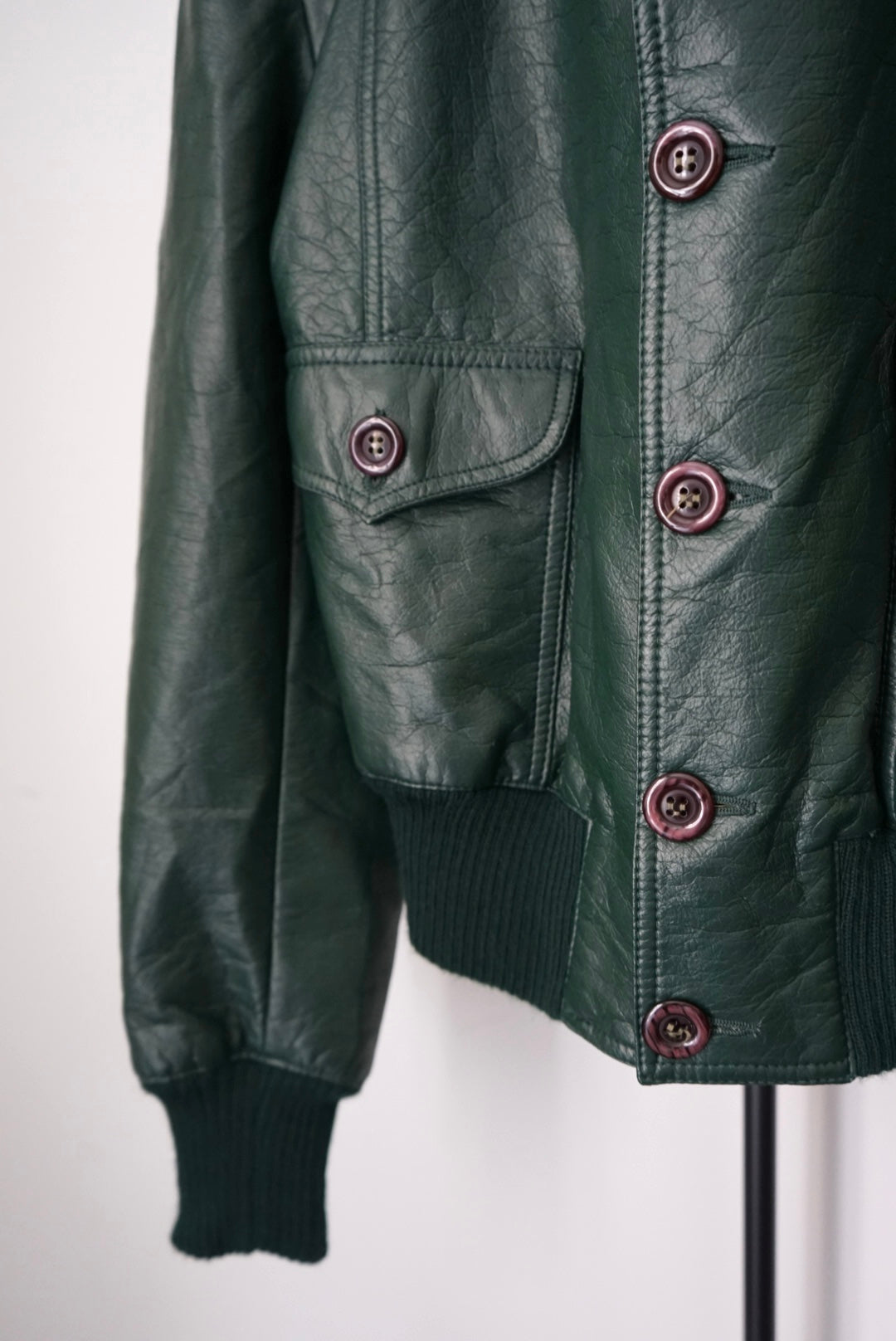 Round collar green faux leather jacket