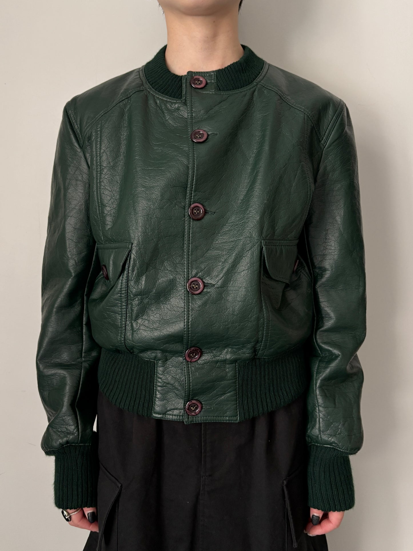 Round collar green faux leather jacket