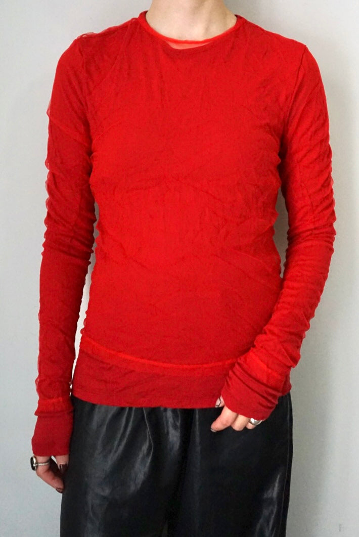【DSCHUNGEL.】Layered crinkled tulle top -red × red-