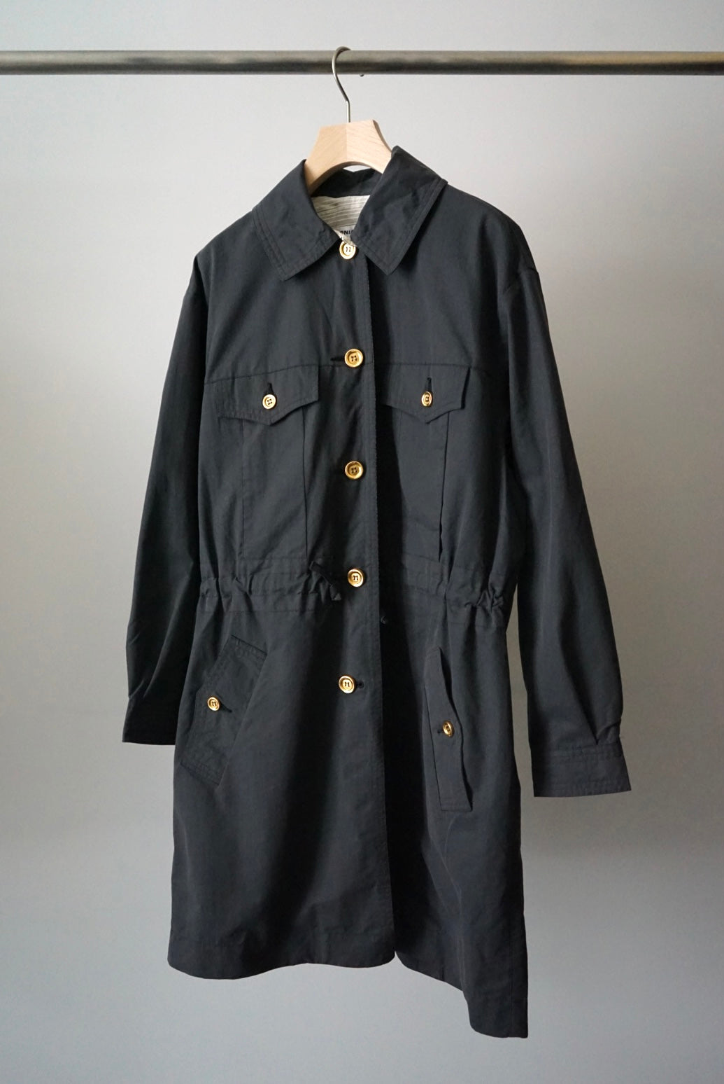 Designer's gold buttons coat made in Belgium