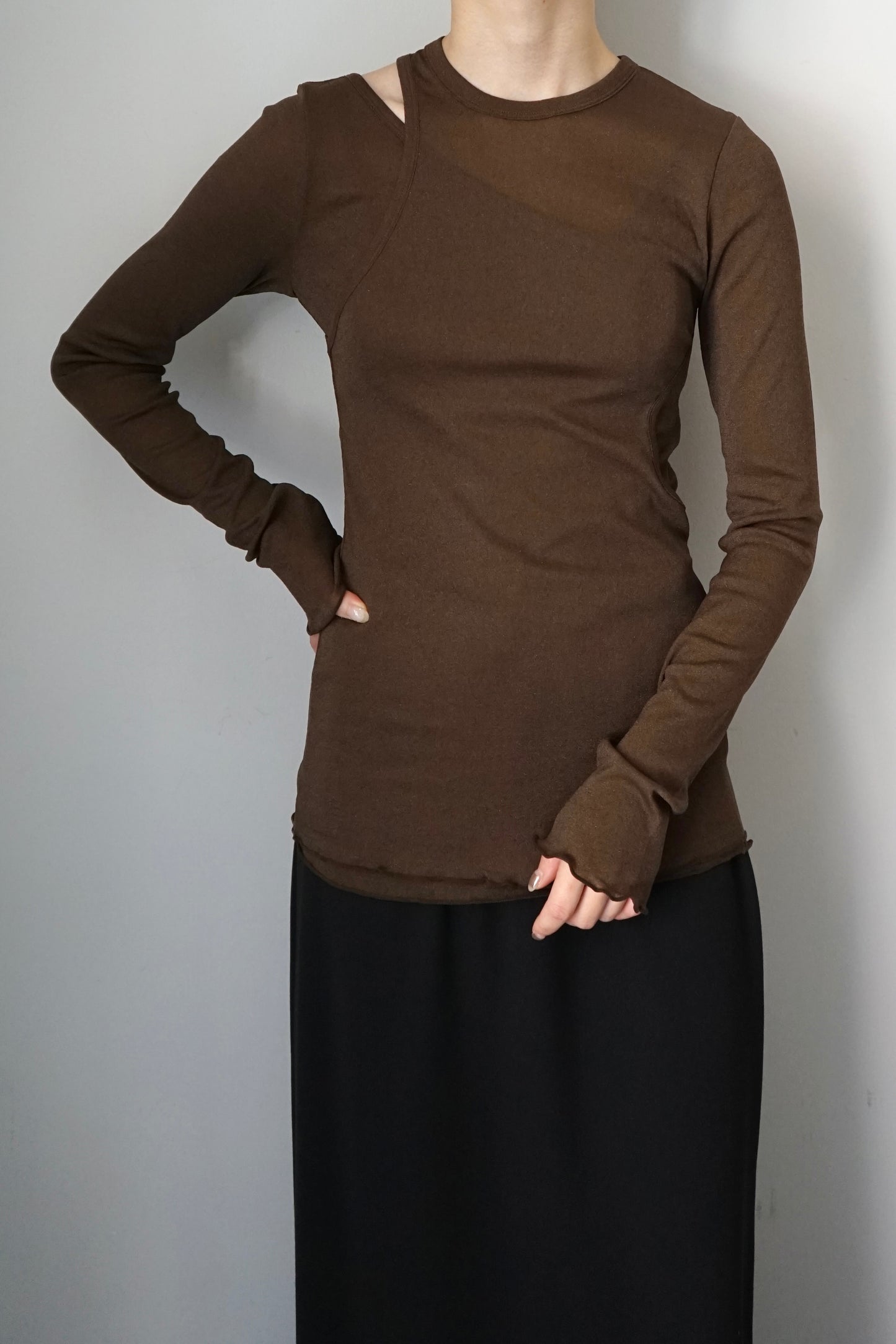 【HAKUJI】Shiny rib layerd LS PO/Brown