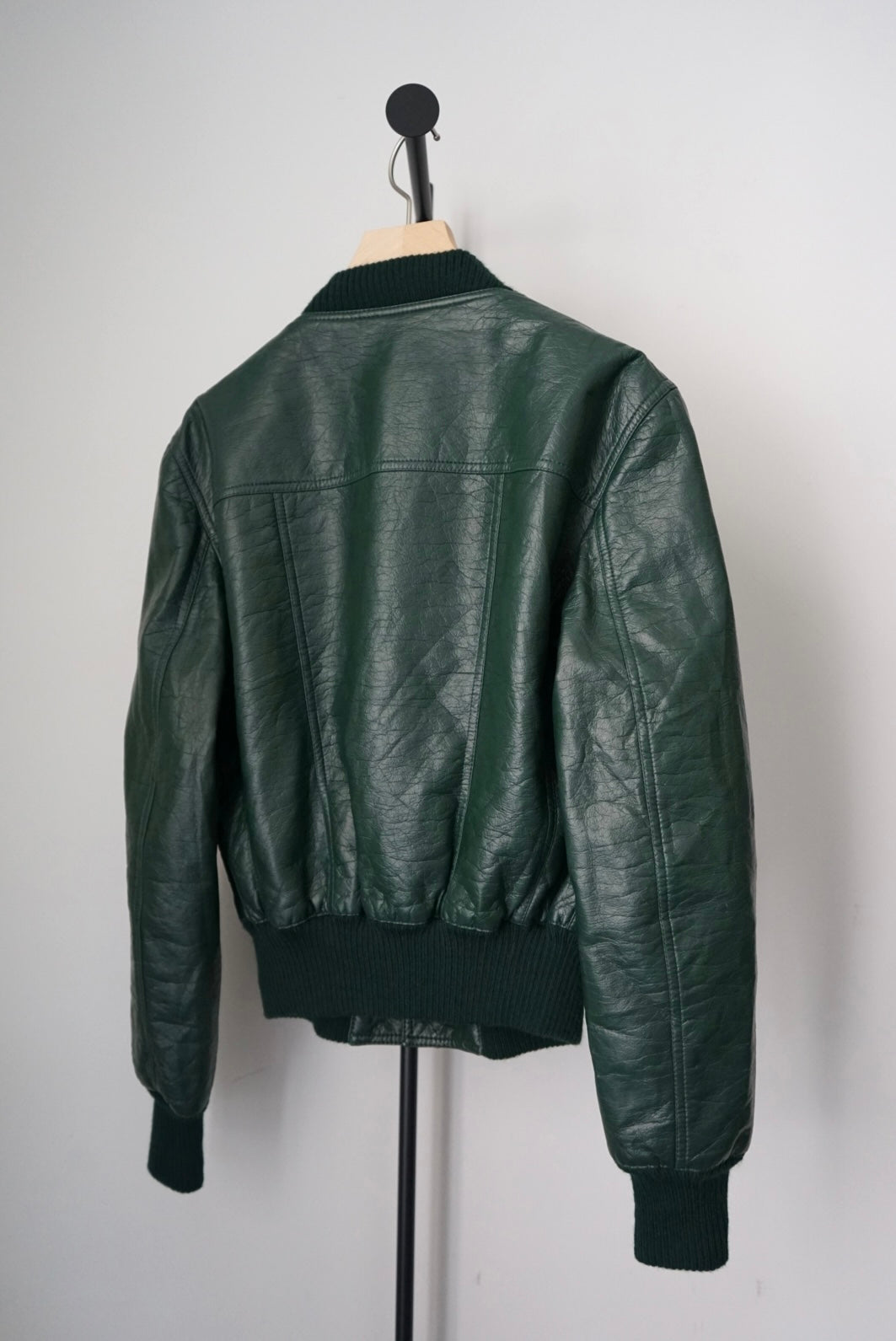 Round collar green faux leather jacket