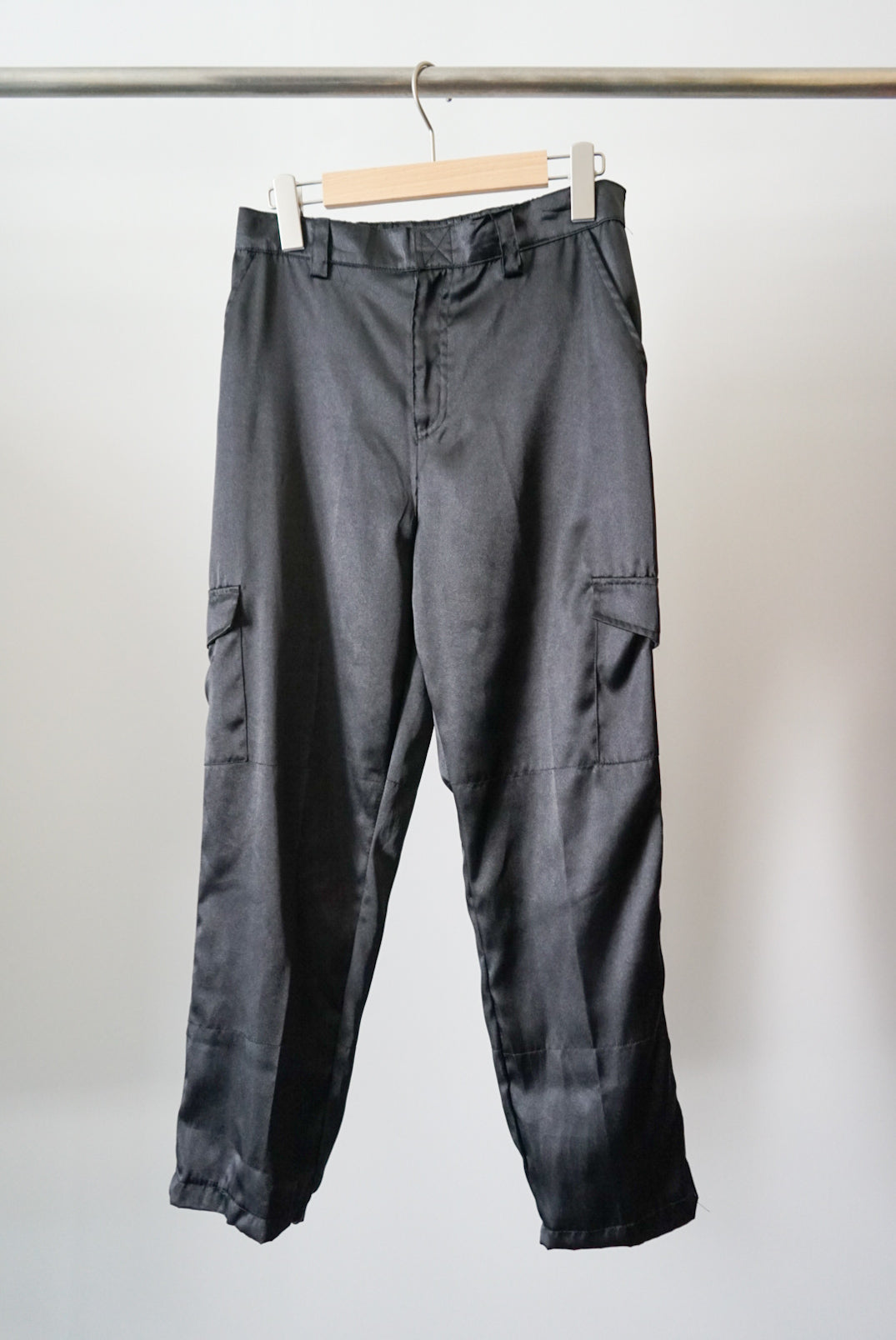 Black satin cargo pant