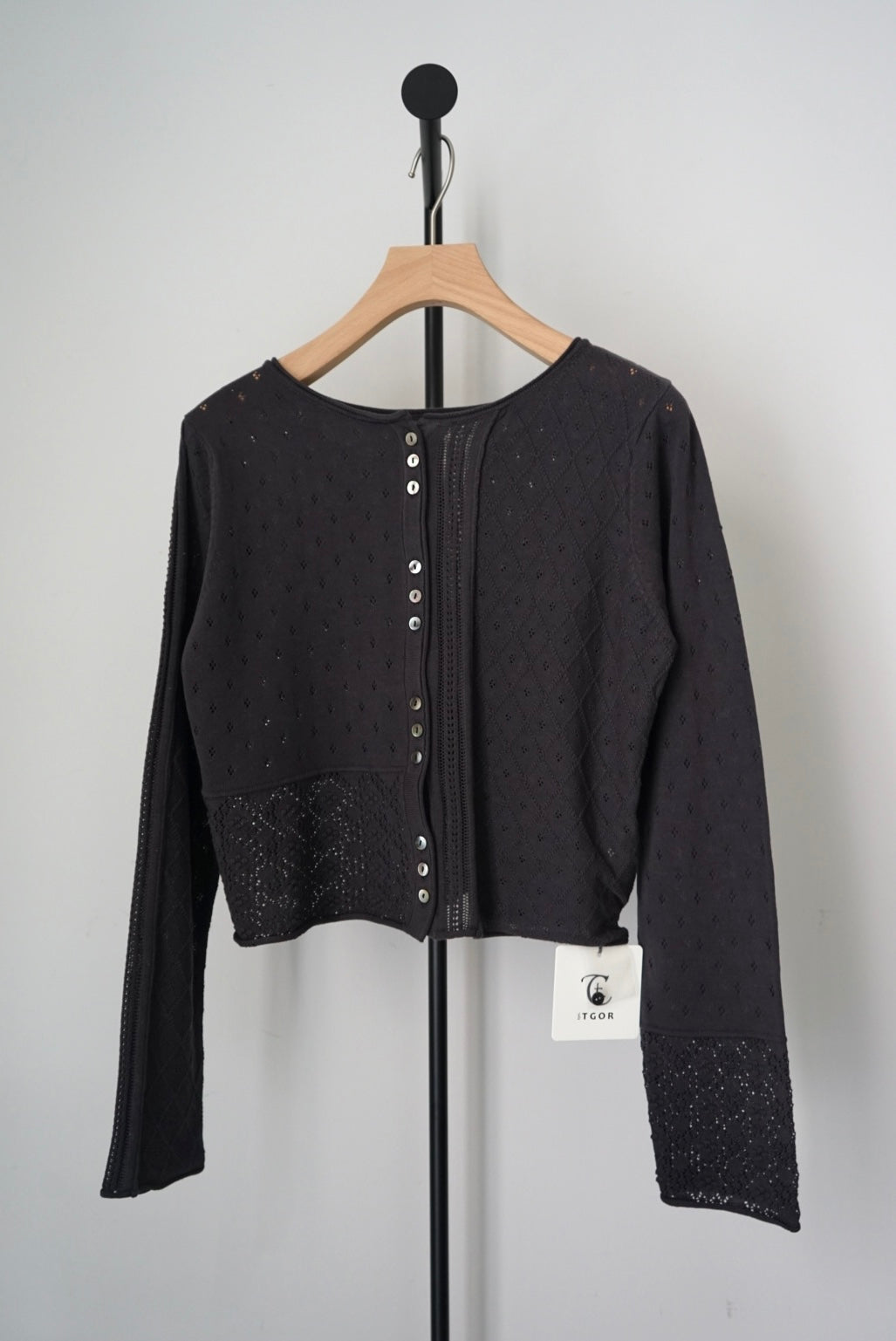 【tyn.TGOR】Patchwork lace 2way cardigan -chacoal-