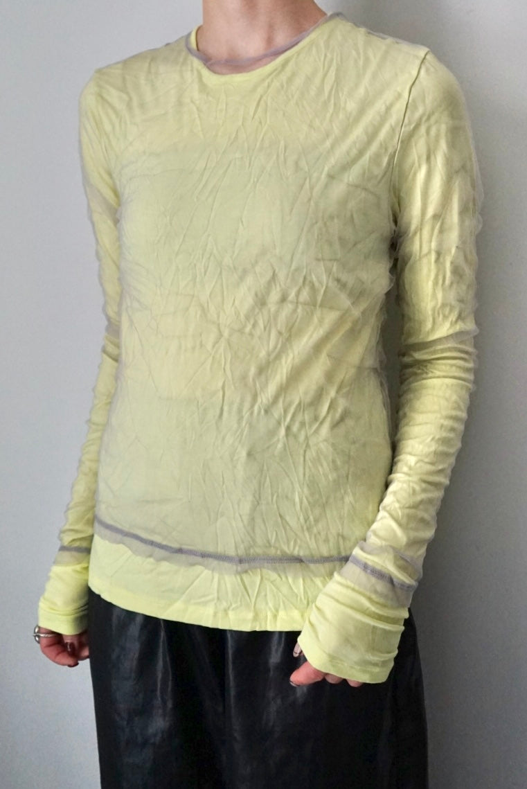 【DSCHUNGEL.】Layered crinkled tulle top -light gray × lemon yellow-