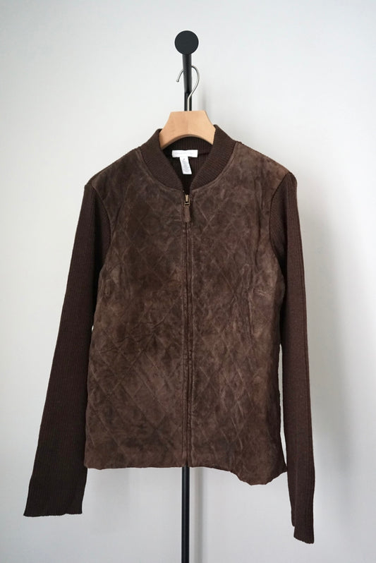 Leather combination zip-up cardigan