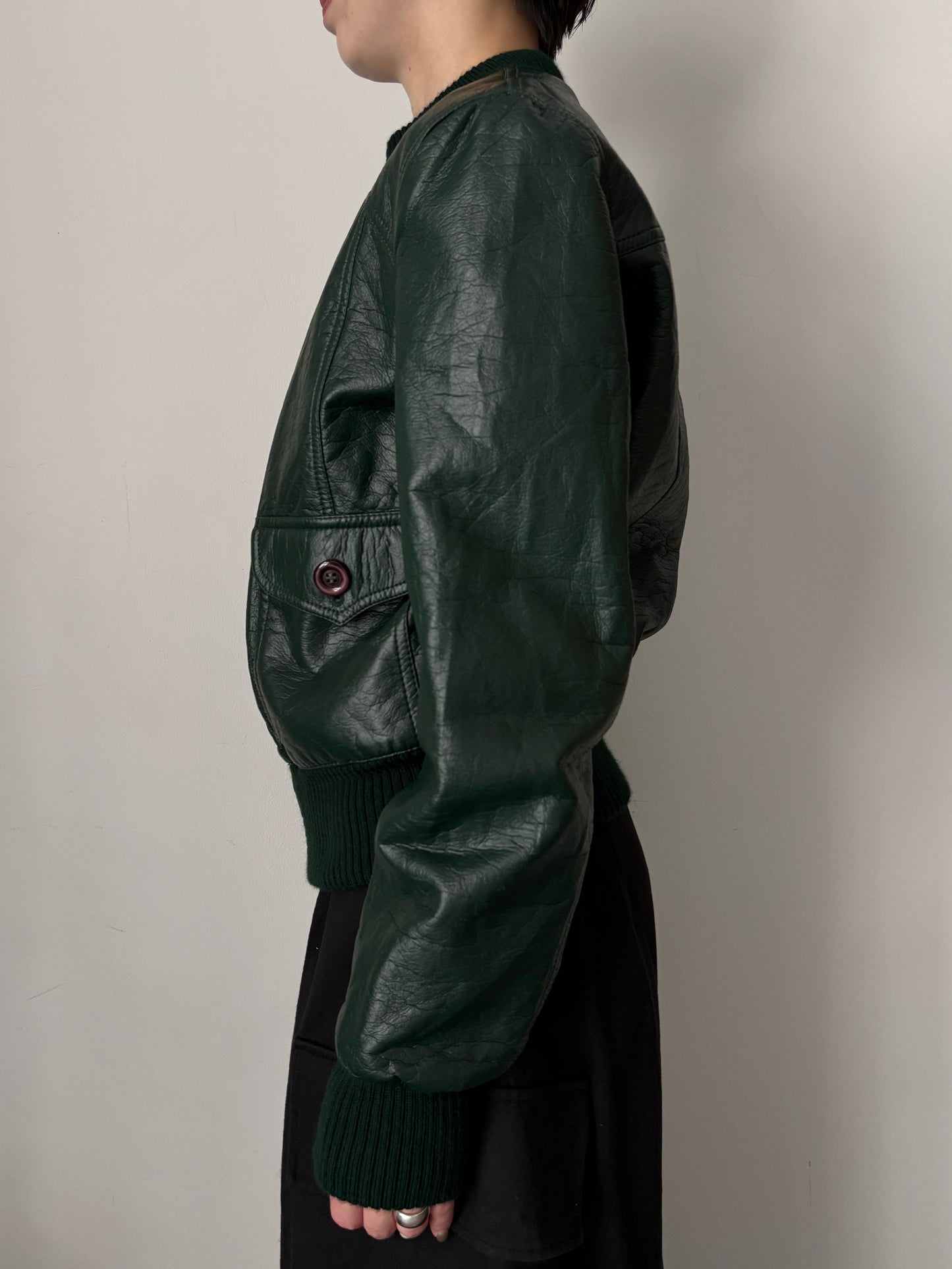 Round collar green faux leather jacket