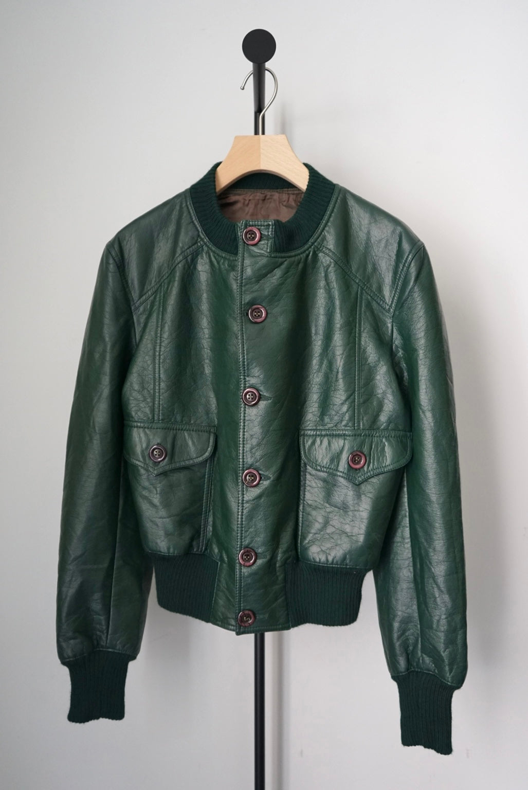 Round collar green faux leather jacket