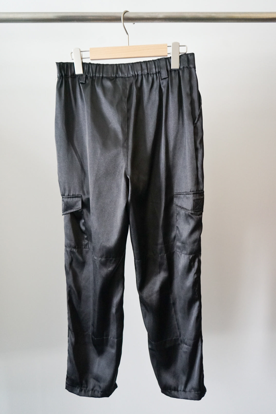 Black satin cargo pant