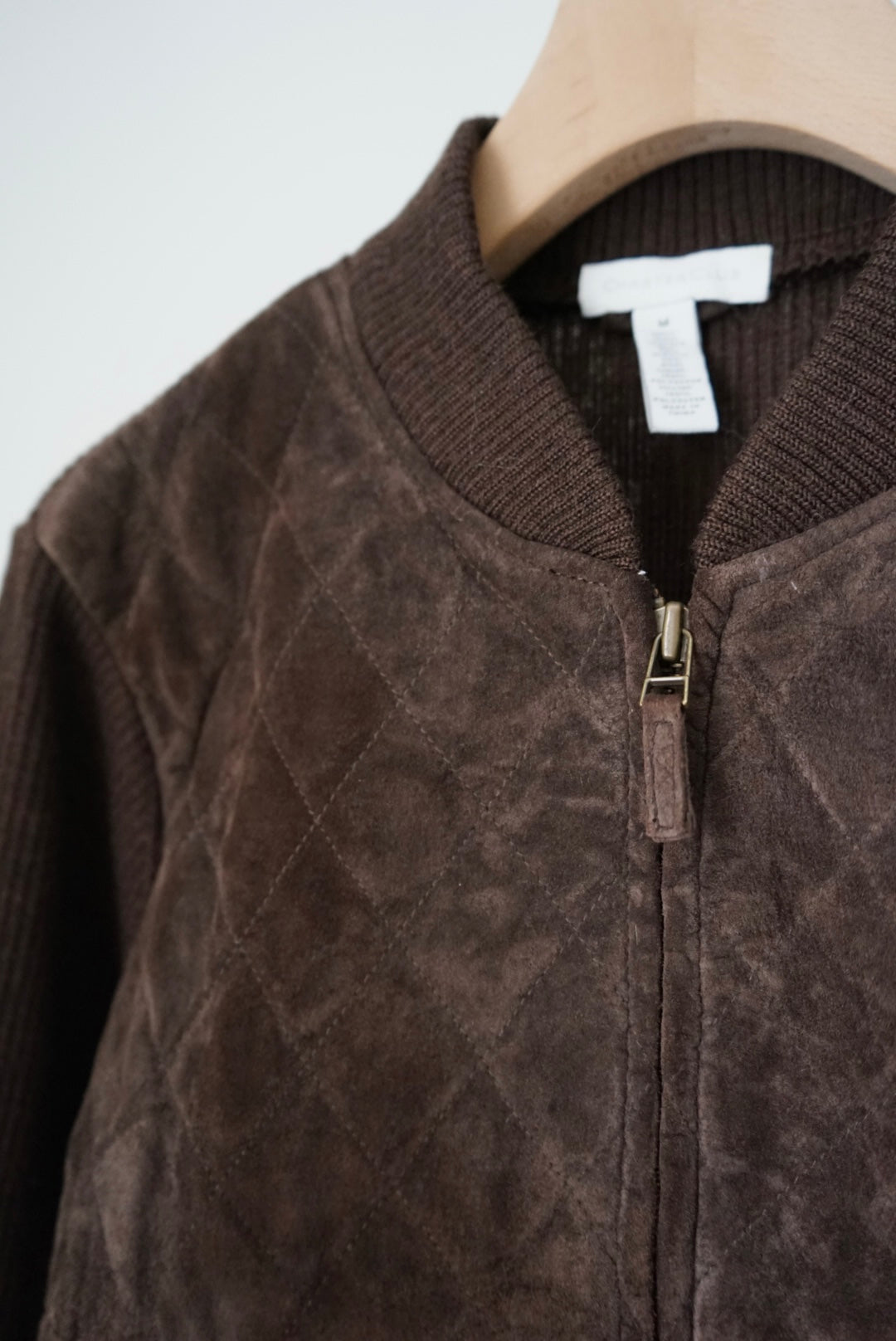 Leather combination zip-up cardigan