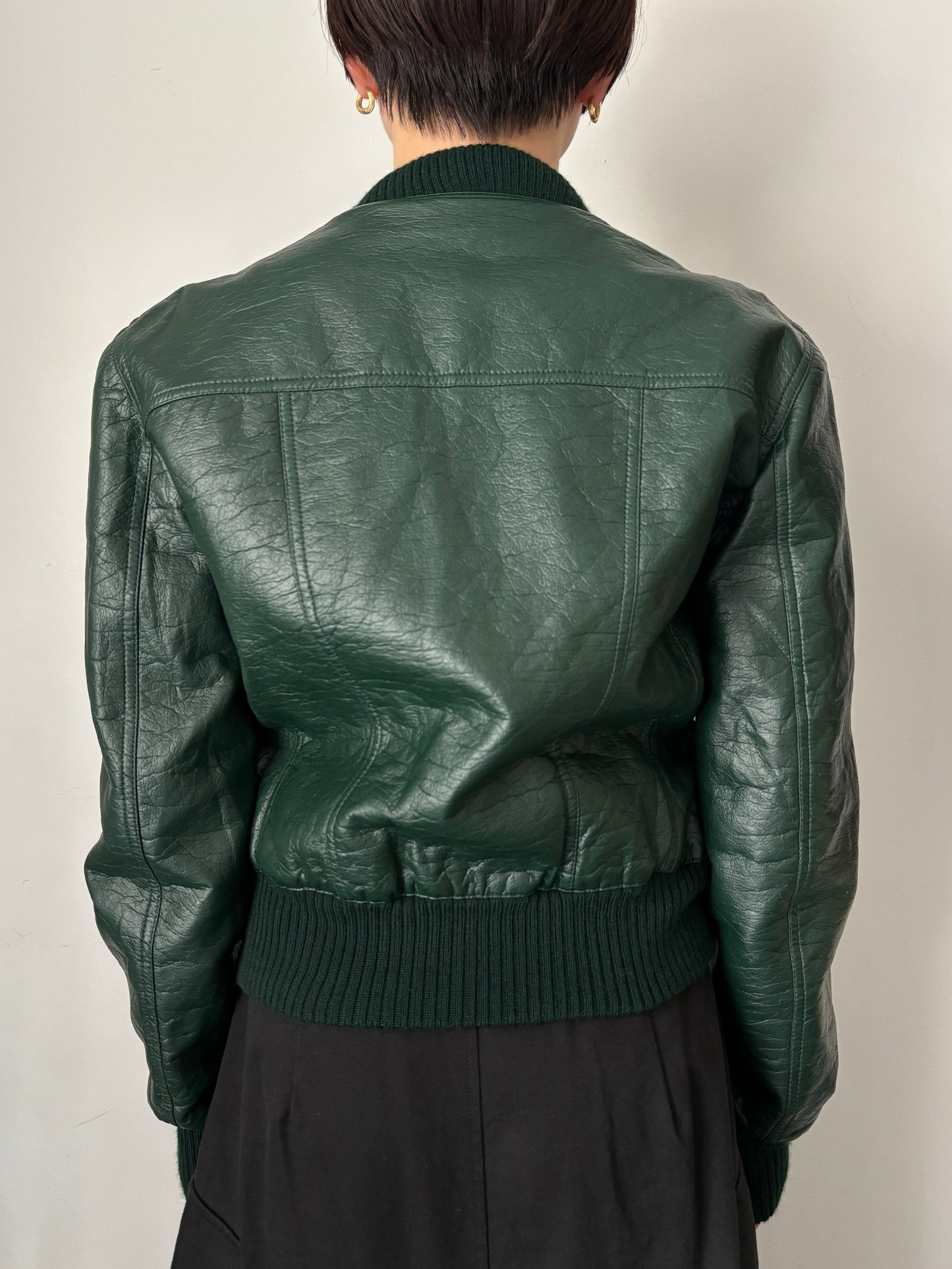 Round collar green faux leather jacket