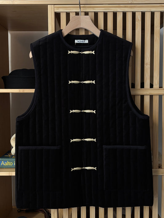 【NOHRA】Velvet quilting fish button vest