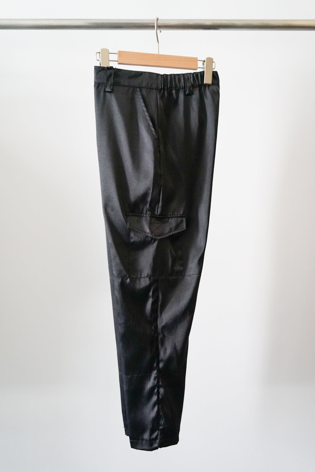 Black satin cargo pant