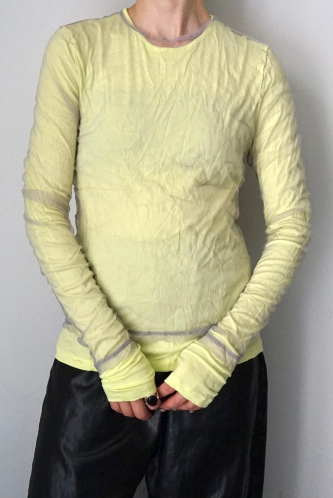 【DSCHUNGEL.】Layered crinkled tulle top -light gray × lemon yellow-