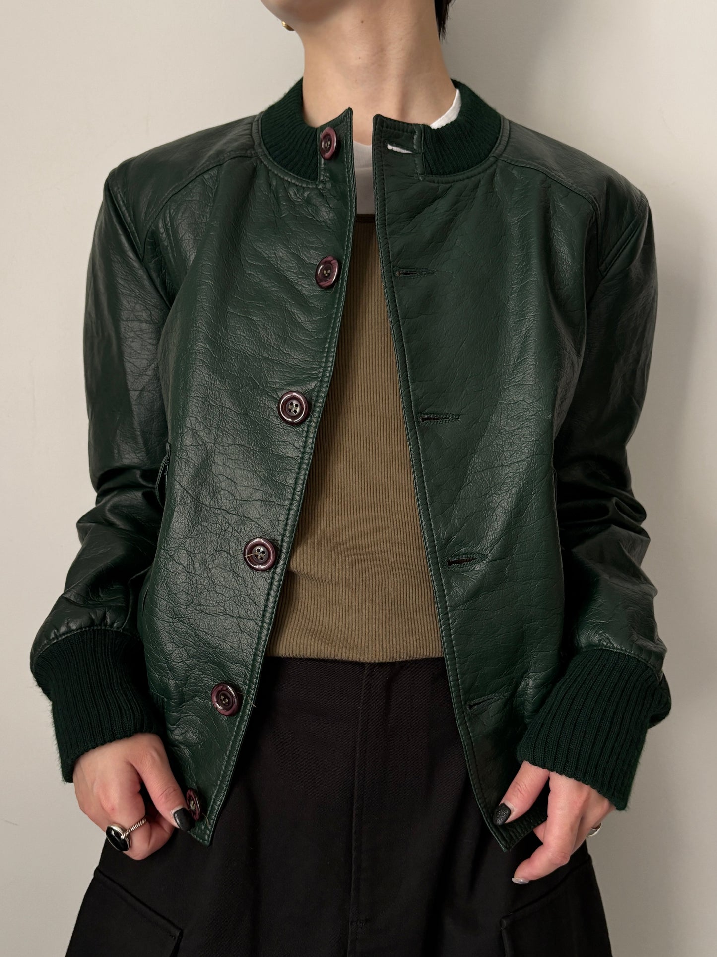 Round collar green faux leather jacket