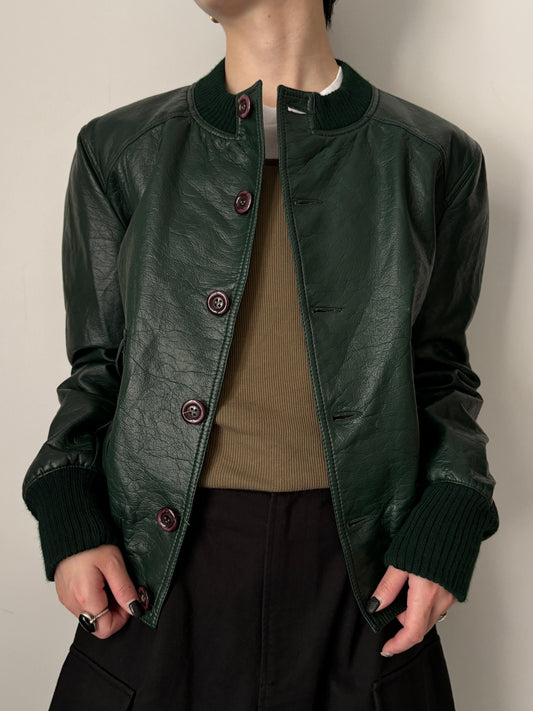 Round collar green faux leather jacket